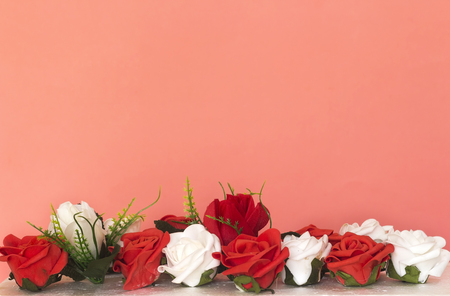 beautiful white and red flowers with copy space for valentine's dayの写真素材