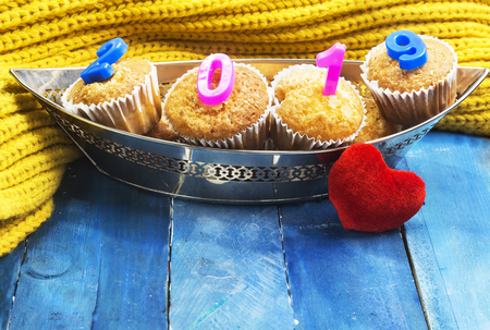 homemade delicious arabic muffins with 2019 new year and valentine's conceptの写真素材