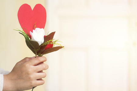 woman hand holding red paper heart shape and flowers for valentine's dayの写真素材