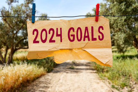 hanging tear envelope with 2024 goals near olives field