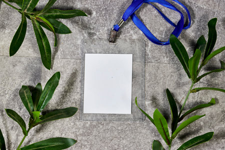 Blank badge mockup. Plain empty name tag mock up hanging on neck with string with ruscus leaves. Name tag with blue ribbon and transparent plastic paper holder. Corporate designの写真素材