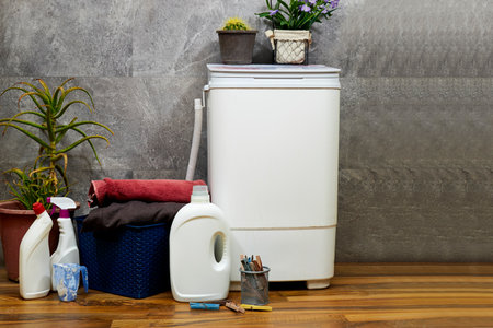 Interior of home laundry room with old washing machine