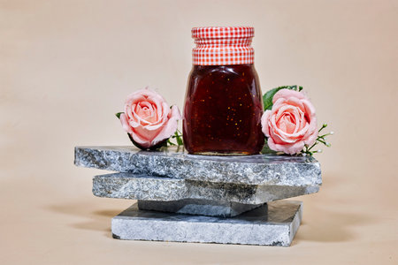 Fig jam in a glass jar on marble podium or stone beauty with rose flowers. Product promotion showcaseの写真素材
