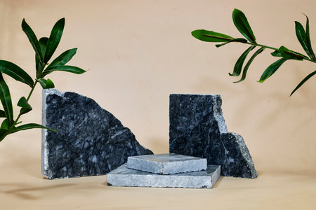 blue marble podium or stone beauty with ruscus plants. Product promotion Beauty cosmetic showcase