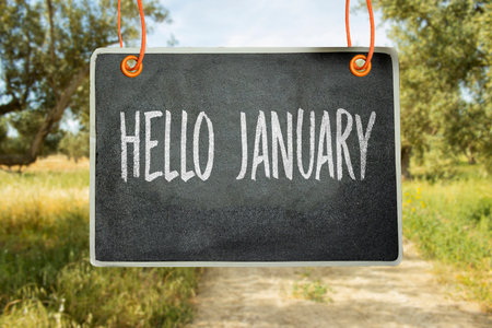 hanging black chalkboard with hello January concept near blur olives trees fieldの写真素材