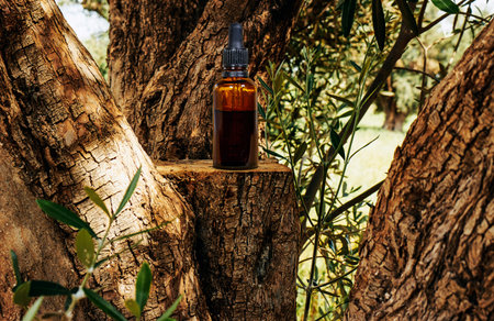 Blank amber glass essential oil bottle with pipette through olives tree. Skin care conceptの写真素材