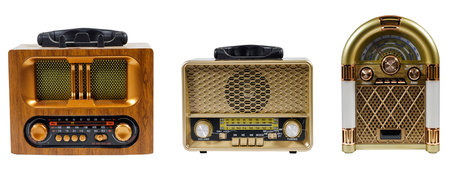collection of stylish retro radio player stands isolated on white backgroundの写真素材