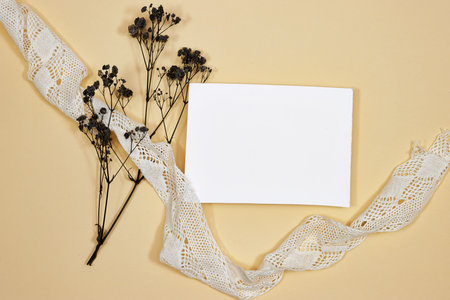 Wedding invitation or greeting card mockup with dry flowers and lace.の写真素材