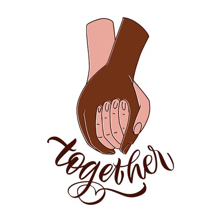 Hand drawn vector lettering Stronger together. Strong team support message for social teamwork campaign or united human rights group. Vector illustrationのイラスト素材