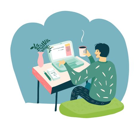 A man works at a laptop with a cup of coffee. Stay at home, work from home, flowers in a pot, home office. Flat Vector Illustration.のイラスト素材