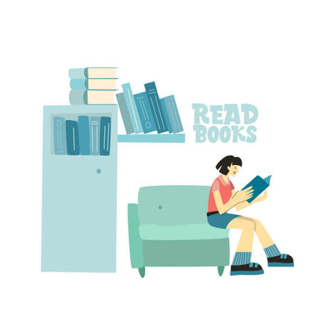 A girl is reading a book. Read books. Set of book lovers, readers, modern literature fans isolated on white background. Flat cartoon vector illustration. Vector illustrationのイラスト素材