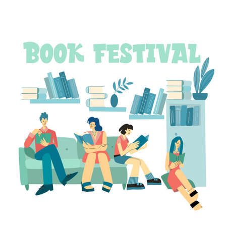 Book Festival. People reading books. Set of book lovers, readers, modern literature fans isolated on white background. Flat cartoon vector illustration.のイラスト素材
