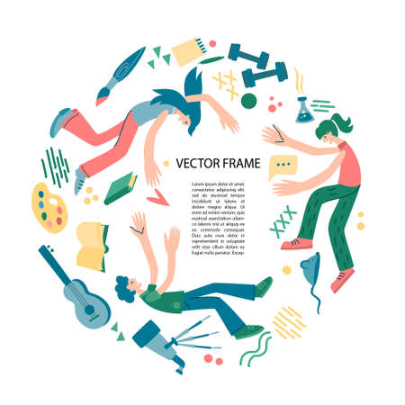 People love likes. Three people are around a text. Vector Frame. People addicted to social media and online feedback. Addiction to internet approval and validation. Flat style.のイラスト素材