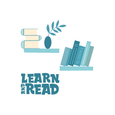 Learn and read. Books, bookcase, potted flowers and the inscription. Set of book lovers, readers, modern literature fans isolated on white background. Flat cartoon vector illustration.のイラスト素材