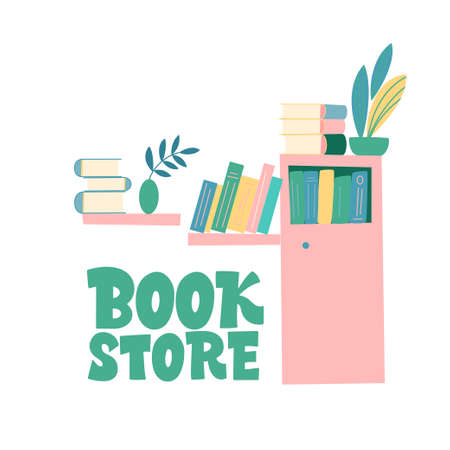Book Store. Books, bookcase, potted flowers and the inscription. Set of book lovers, readers, modern literature fans isolated on white background. Flat cartoon vector illustration.のイラスト素材