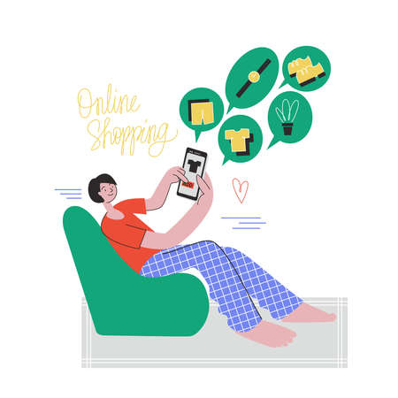 Online Shopping. A man buys goods without leaving home using a smartphone. Concept vector illustration flat designのイラスト素材