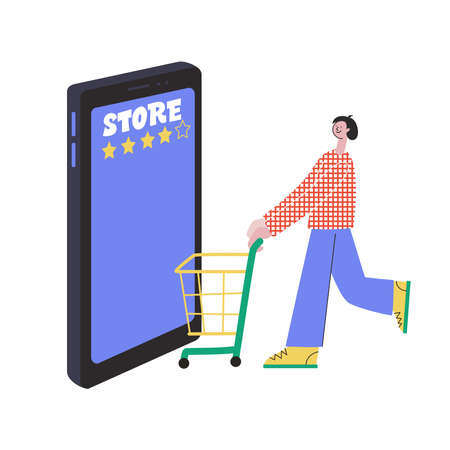 Online Shopping. A man buys goods without leaving home using a smartphone. Concept vector illustration flat designのイラスト素材