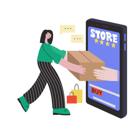 Online Shopping. A girl buys goods without leaving home using a smartphone. Concept vector illustration flat designのイラスト素材