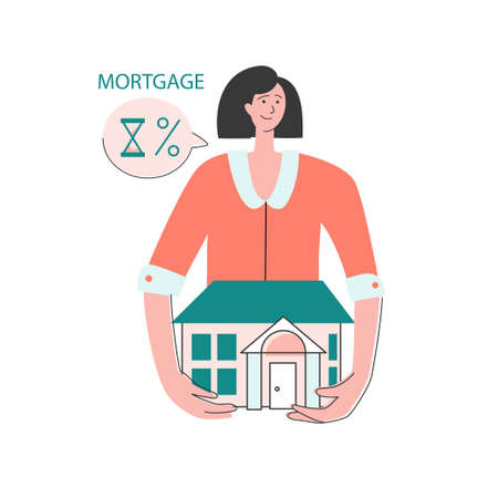 The family buys a house with a mortgage. A lonely lady chooses her home. House Loan, Rent and Mortgage Concept. Flat Vector Illustration.のイラスト素材