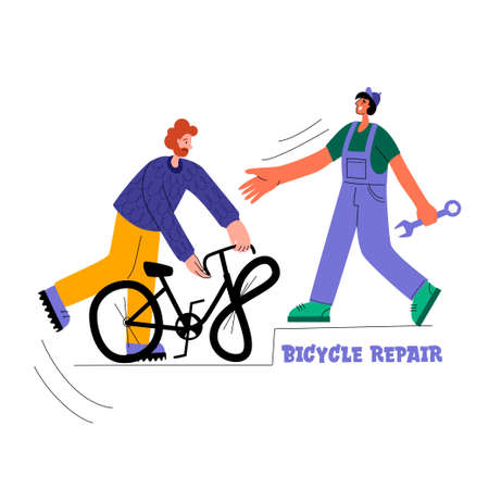 Bicycle repair. The mechanic repairs the bicycle, the mechanic inflates the wheels. The man brought a broken bike. Vector flat Illustration. Web graphics, banners, advertisements, business templates.のイラスト素材