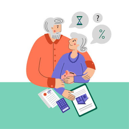 The family buys a house with a mortgage. An elderly couple chooses a house.House Loan, Rent and Mortgage Concept. Flat Vector Illustration.のイラスト素材