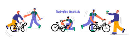 Bicycle repair. The mechanic repairs the bicycle, the mechanic inflates the wheels. The man brought a broken bike. Vector flat Illustration. Web graphics, banners, advertisements, business templates.のイラスト素材