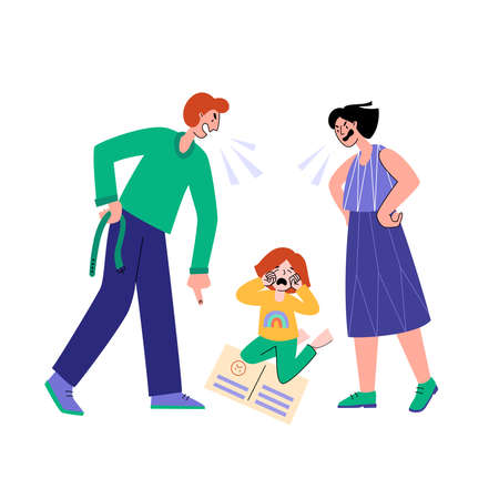 Parents scream at their daughter for poor grades. Frustrated parent concept. Negative aspects of family relationships.のイラスト素材