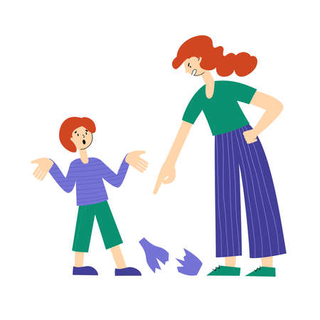 Mom scolds her son for a broken vase. Frustrated parent concept. The negative aspects of family relationships.のイラスト素材