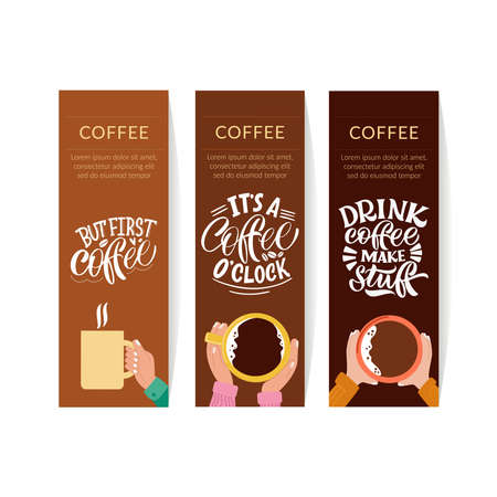 Mug in hand and the phrase lettering about coffee. Graphic design lifestyle lettering. Handwritten lettering design elements for cafe decoration and shop advertising. Coffee banner collection.のイラスト素材