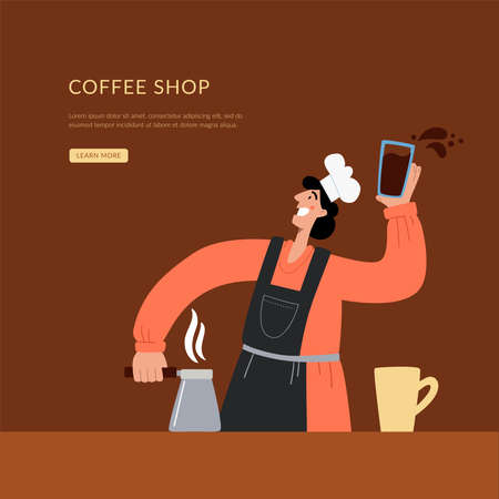 A barista in a cafe makes coffee. Landing page mockup for cafeteria, online store or coffee shop restaurant. Coffee shop website banner template, flat vector illustration.のイラスト素材