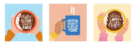 Postcards with phrases about coffee. Calligraphy style quote. Graphic design lifestyle lettering. Handwritten lettering design elements for cafe decoration and shop advertising.のイラスト素材