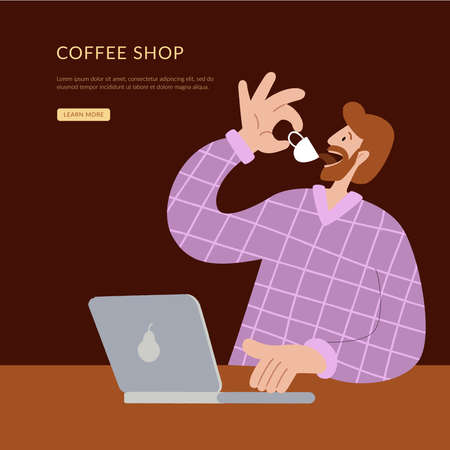 A man with a laptop is drinking coffee. Coffee shop landing page for small business. Homepage website layout design concept.のイラスト素材