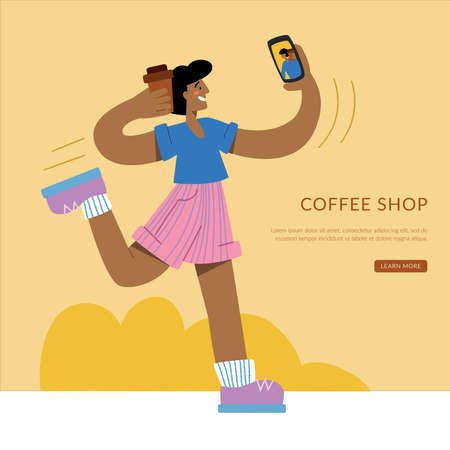 Girl with coffee runs and takes a selfie. Coffee shop landing page for small business. Homepage website layout design concept.のイラスト素材