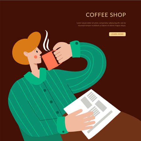 A man with a newspaper is drinking coffee. Coffee shop landing page for small business. Homepage website layout design concept.のイラスト素材