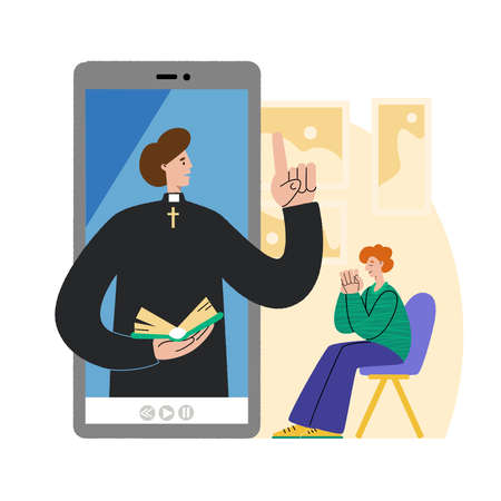 The pastor conducts church services online. Concept Church and Liturgy online. Internet Church. A man prays in front of a smartphone.のイラスト素材