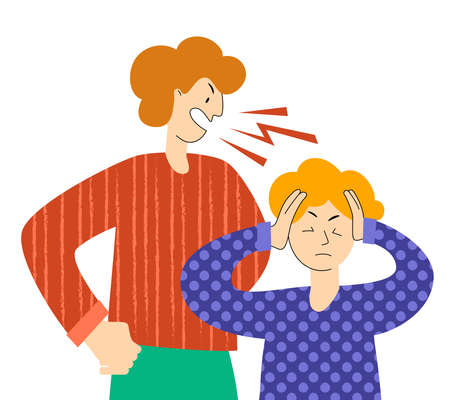 The father screams at the tired child. Frustrated parent concept. The negative aspects of family relationships.のイラスト素材