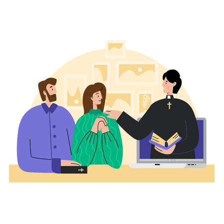 The priest talks to young people through a laptop. The pastor conducts church services online. Concept Church and Liturgy online. Internet Church.のイラスト素材