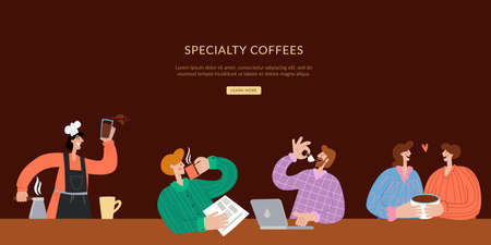 Specialty coffee Landing page template. The barista makes coffee, and people sit and drink coffee. Website brown landing web page template.の写真素材