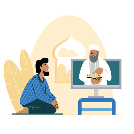 The imam reads the prayer online. Islamic religion. The believer prays. Concept Church and Liturgy online. Internet Church.のイラスト素材