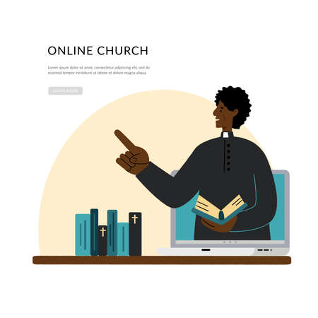 Concept Church and Liturgy online. The pastor conducts church services online. Dark skinned pastor. Internet Church, Landing page template.のイラスト素材