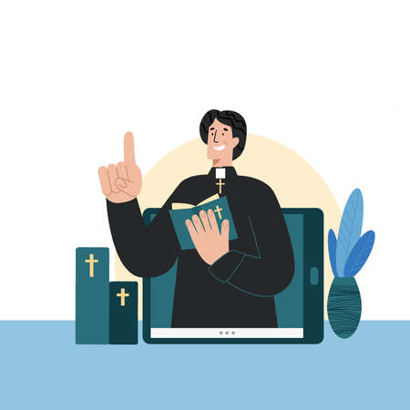 The pastor conducts church services online. Concept Church and Liturgy online. Internet Church.のイラスト素材