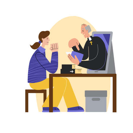 The pastor conducts church services online. The girl prays in front of the tablet. Concept Church and Liturgy online. Internet Church.のイラスト素材