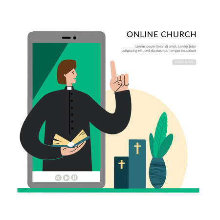 The pastor conducts church services online. Concept Church and Liturgy online. Internet Church, Landing page template.のイラスト素材