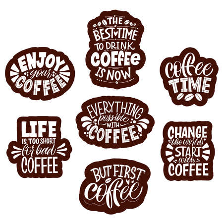 Collection of hand drawn lettering about quarantine coffee. Calligraphy style quote. Graphic design lifestyle lettering. Handwritten lettering design elements for cafe decoration and shop advertising.のイラスト素材
