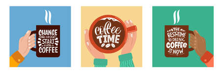 Handwritten lettering design elements for cafe decoration and shop advertising. Postcards with phrases about coffee. Calligraphy style quote. Graphic design lifestyle lettering.のイラスト素材