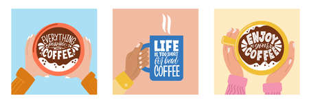 Postcards with phrases about coffee. Calligraphy style quote. Graphic design lifestyle lettering. Handwritten lettering design elements for cafe decoration and shop advertising.のイラスト素材