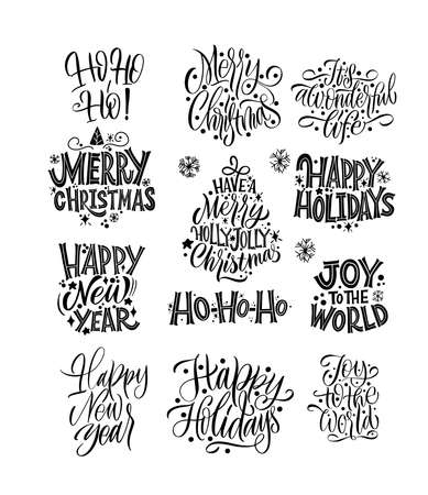 Happy New Year, typography lettering badge emblems quotes set collection. Great lettering for greeting cards, stickers, banners, prints and home interior decor. Xmas card. Merry Christmas 2021.のイラスト素材