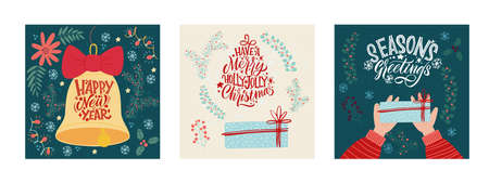 Festive xmas greeting cards vector templates set. Merry Christmas and Happy New Year greeting card set with calligraphy. Handwritten modern lettering.のイラスト素材