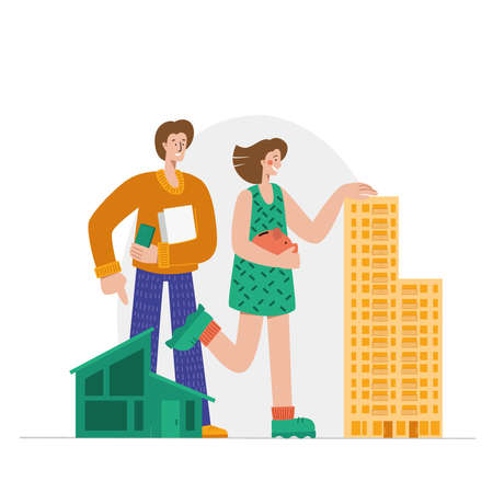 Woman and man, choosing between house and apartment. The family buys a house with a mortgage. A young couple chooses a home. House Loan, Rent and Mortgage Concept.のイラスト素材