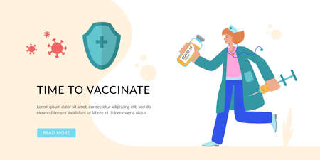 Time to vaccinate. Prevention injection, immunization. Coronavirus infection treatment. Landing page template. Flat concept for web design. A nurse with a large syringe and a vaccine runs to help.のイラスト素材